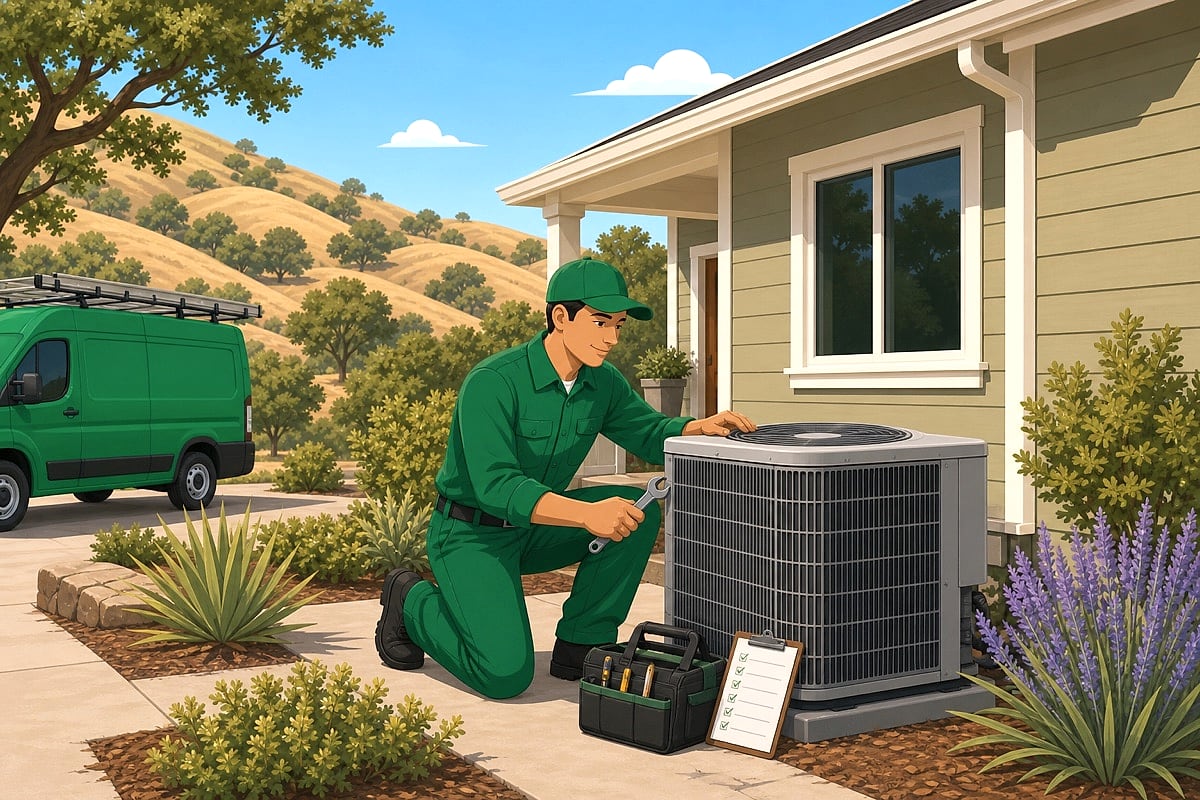 Illustration of an Enviro technician performing a seasonal CARE membership tune-up on a North Bay home's outdoor AC unit