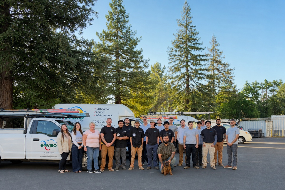 The family-owned Enviro Heating & Air Conditioning team in front of our branded service trucks in the North Bay